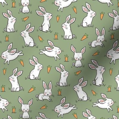 Bunnies Rabbits & Carrots On Olive Green Smaller 1,5 inch