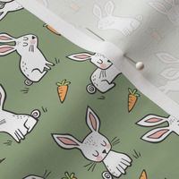 Bunnies Rabbits & Carrots On Olive Green Smaller 1,5 inch