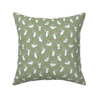 Bunnies Rabbits & Carrots On Olive Green Smaller 1,5 inch