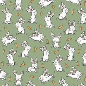 Bunnies Rabbits & Carrots On Olive Green Smaller 1,5 inch