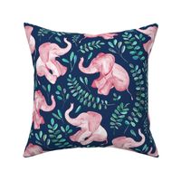  Laughing Pink Baby Elephants on Navy - large print