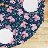  Laughing Pink Baby Elephants on Navy - large print