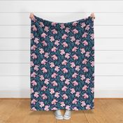  Laughing Pink Baby Elephants on Navy - large print