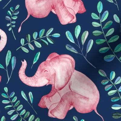  Laughing Pink Baby Elephants on Navy - large print