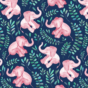 Laughing Pink Baby Elephants on Navy - large print