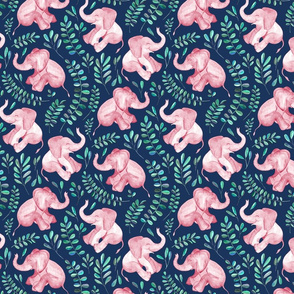 Laughing Pink Baby Elephants on Navy - small print