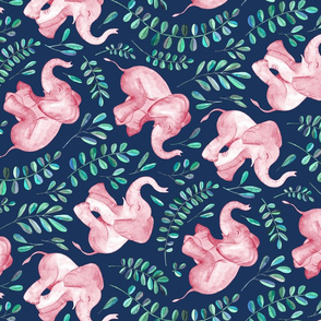 Rotated  Laughing Pink Baby Elephants on Navy