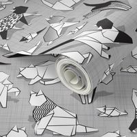 Small scale // Origami kitten friends // grey linen texture background coloring paper cats