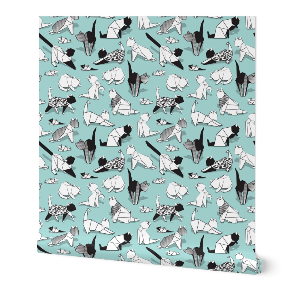 Small scale // Origami kitten friends // aqua background paper cats