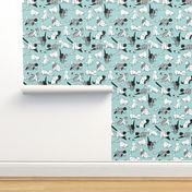 Small scale // Origami kitten friends // aqua background paper cats