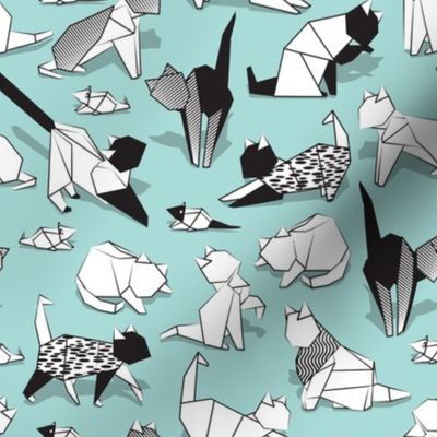 Small scale // Origami kitten friends // aqua background paper cats