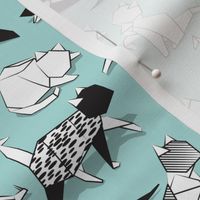 Small scale // Origami kitten friends // aqua background paper cats