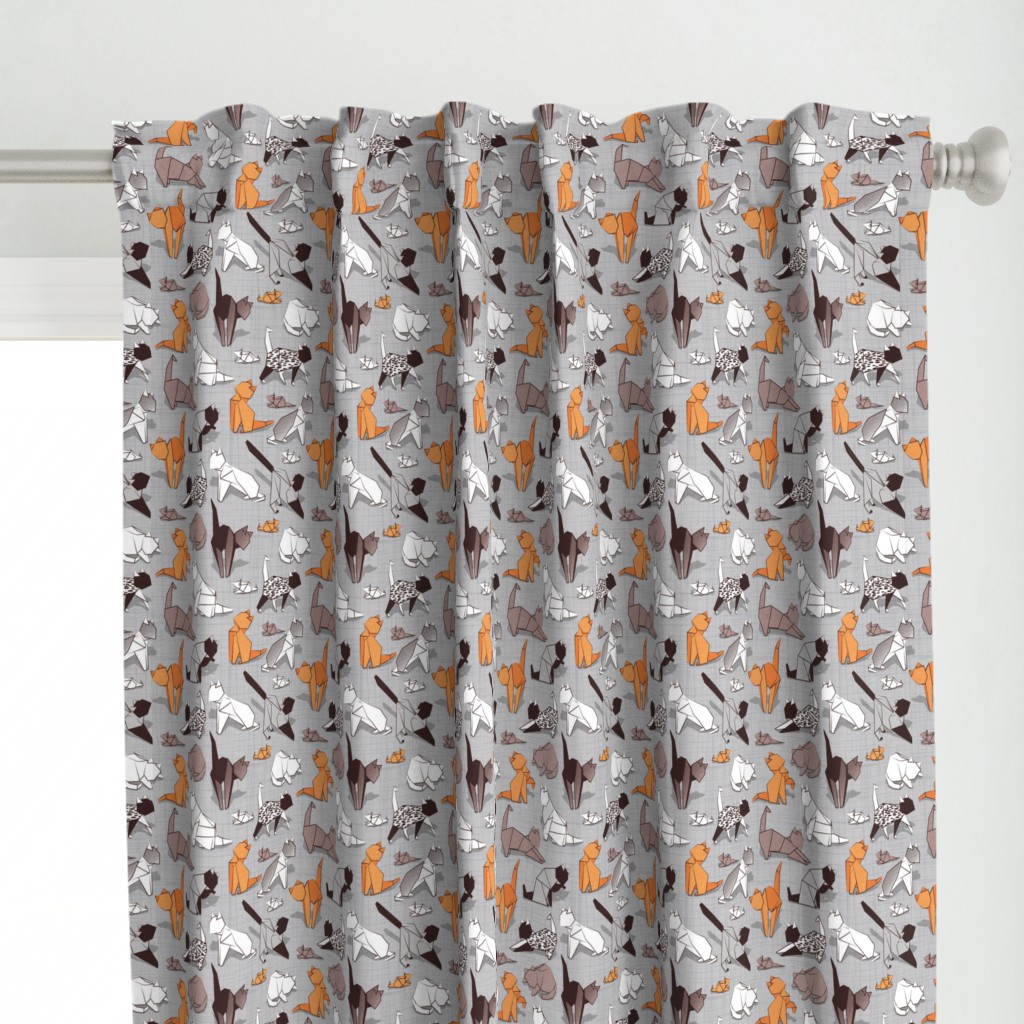 Small scale // Origami kitten friends // grey linen texture background paper cats