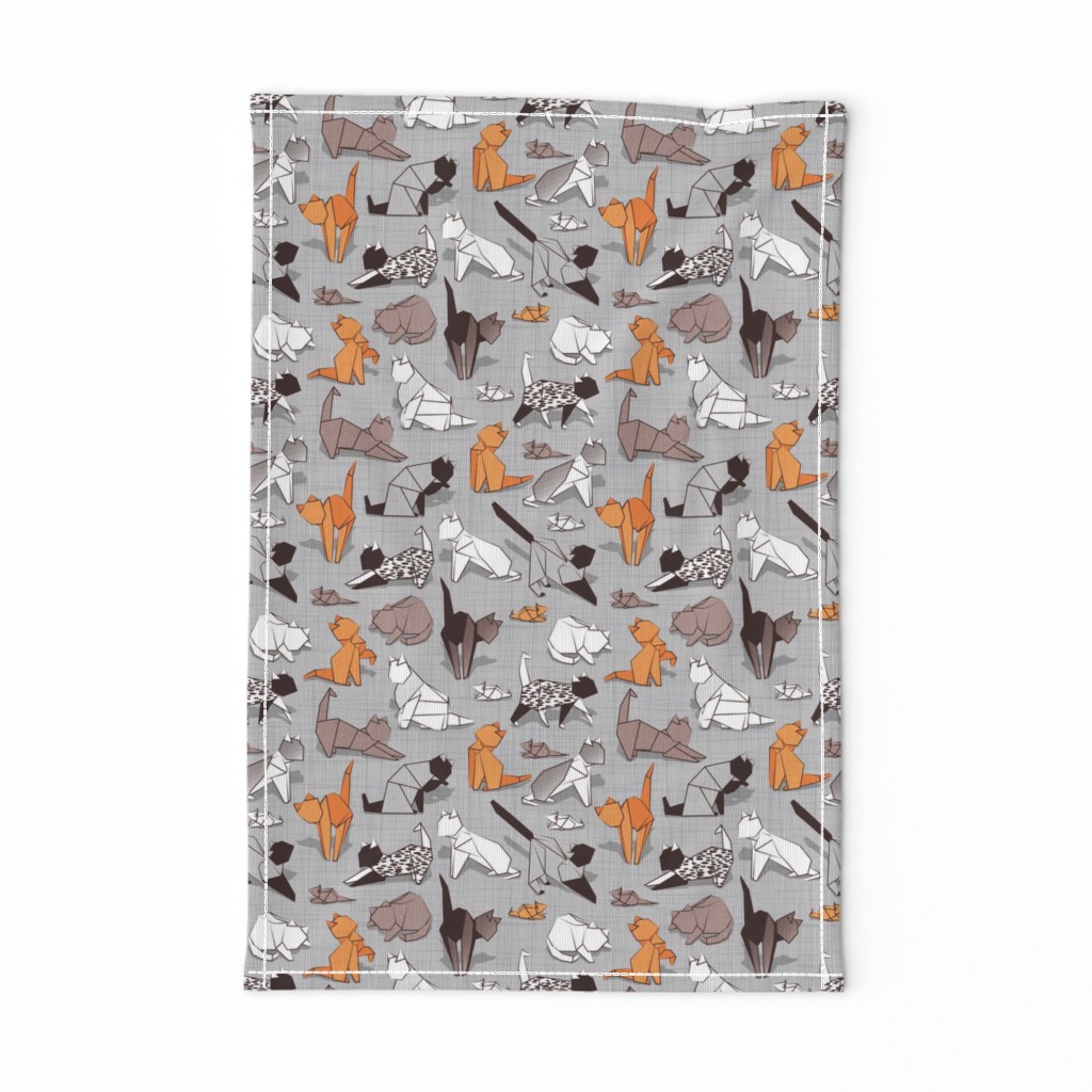 Small scale // Origami kitten friends // grey linen texture background paper cats