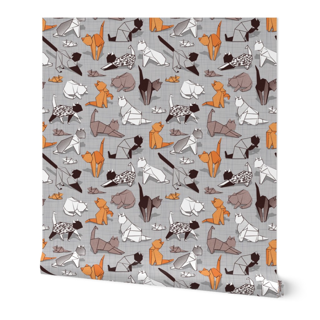 Small scale // Origami kitten friends // grey linen texture background paper cats