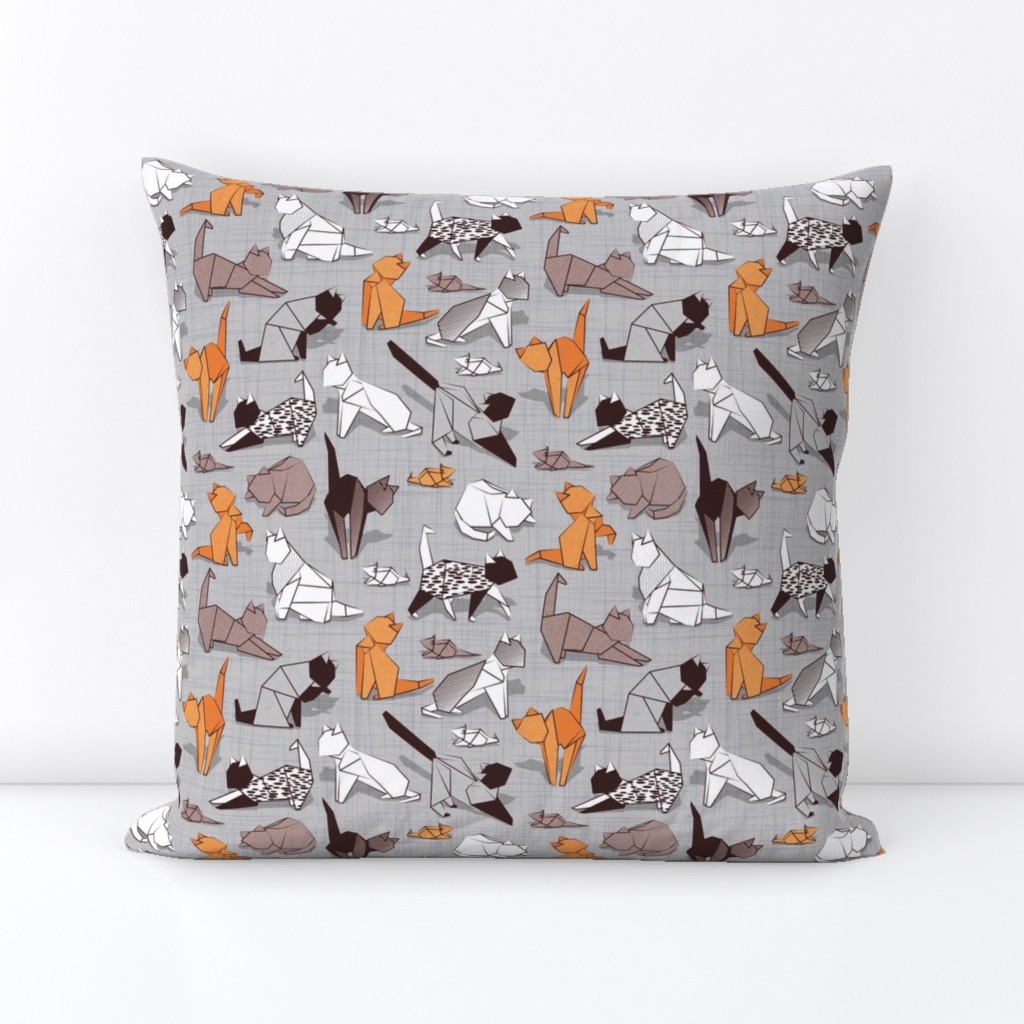 Small scale // Origami kitten friends // grey linen texture background paper cats