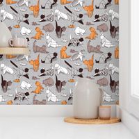 Small scale // Origami kitten friends // grey linen texture background paper cats