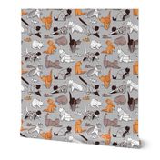 Small scale // Origami kitten friends // grey linen texture background paper cats