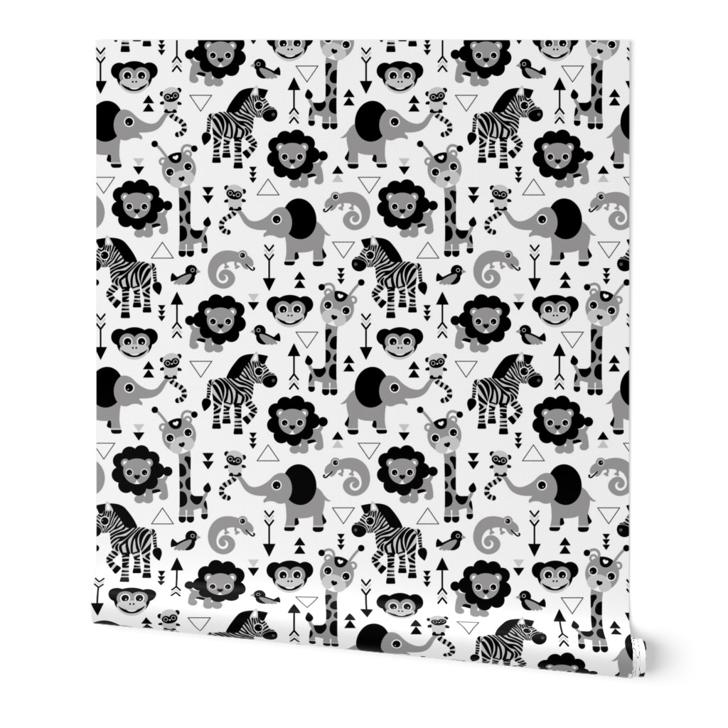 Geometric jungle zoo safari animals adorable kids design for boys black white gray