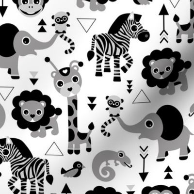Geometric jungle zoo safari animals adorable kids design for boys black white gray