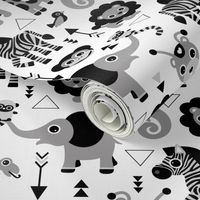 Geometric jungle zoo safari animals adorable kids design for boys black white gray