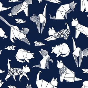Small scale // Origami kitten friends // oxford navy blue background white paper cats