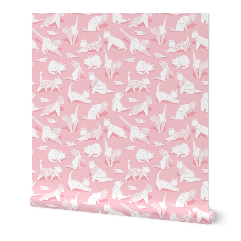 Small scale // Origami kitten friends // pastel pink background white paper cats