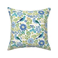 Blue Bird Floral on White