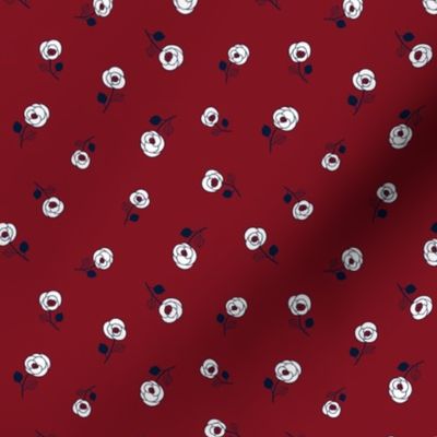 White and navy blue  flowers on burgundy red