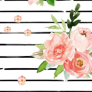 12" New York Pink Watercolor Florals // Black and White Stripes