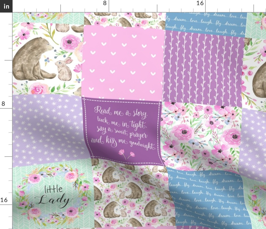 Little Lady Patchwork Quilt - Woodland Bear + Bunny Floral Pink, Lilac + Blue Wholecloth Best Friends 2 Coordinate for Girls GingerLous