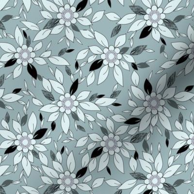 Flowers and Leaves Print, Two Toned Blue and Black