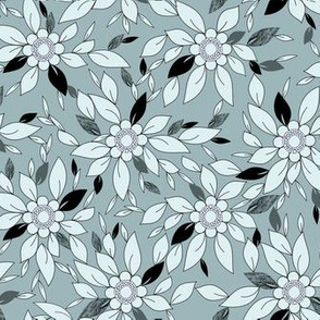 Flowers and Leaves Print, Two Toned Blue and Black