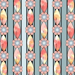 Border Stripes of Flowers and Leaves in Peach and Blue