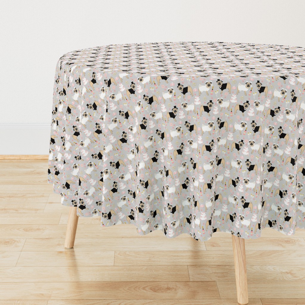 pug wedding fabric - cute dogs bride and groom design - grey