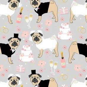 pug wedding fabric - cute dogs bride and groom design - grey