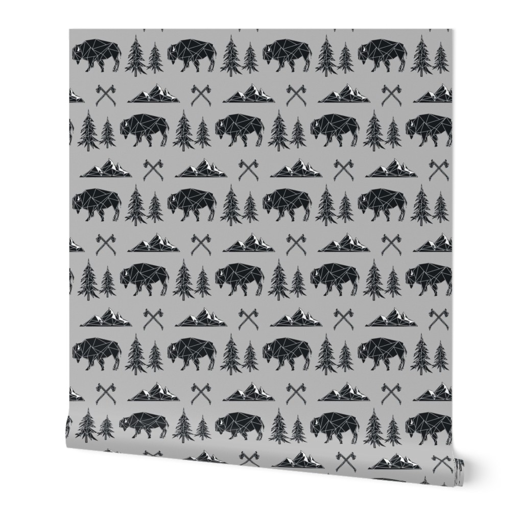 Bison - Tribal Geometric Buffalo (on grey) GingerLous