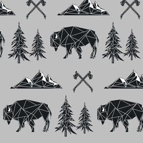 Bison - Tribal Geometric Buffalo (on grey) GingerLous