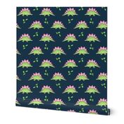 Large Green and Pink Stegosaurus Dinosaur on navy