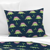 Large Green and Pink Stegosaurus Dinosaur on navy