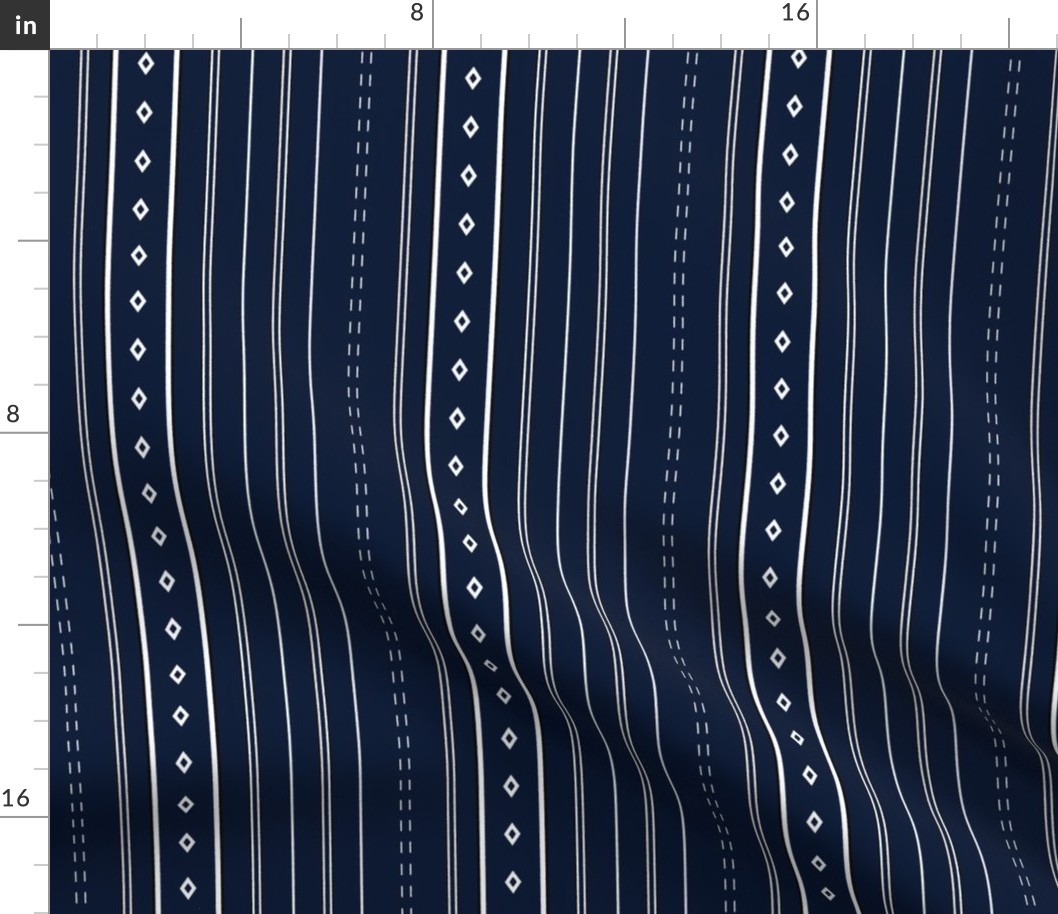 White stripes and diamonds on navy blue