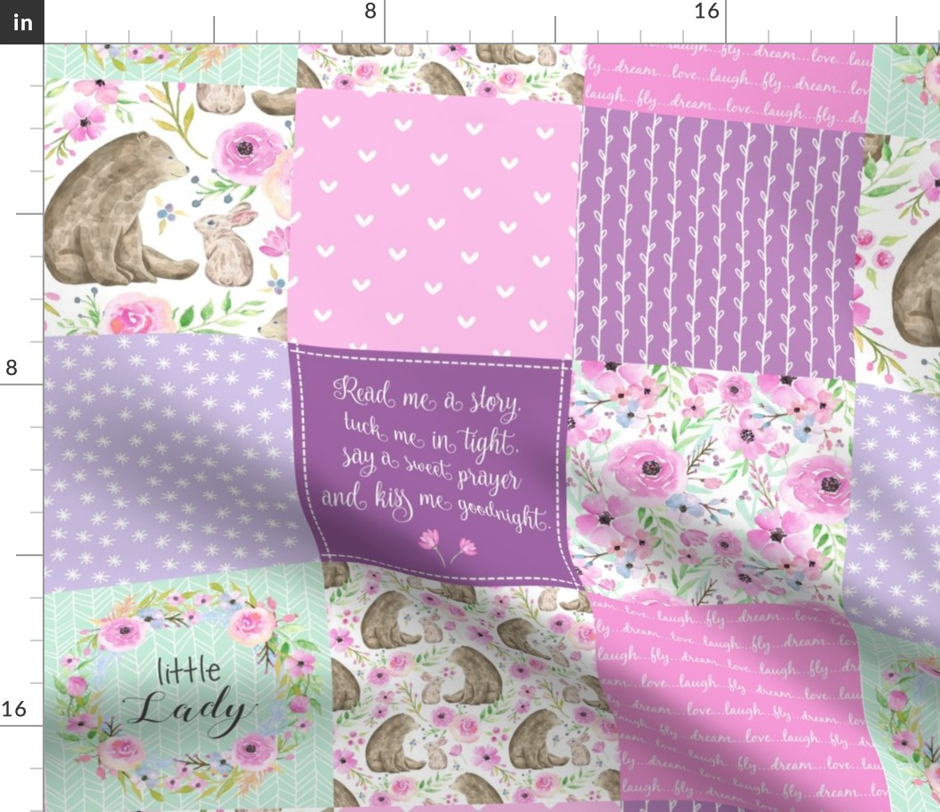 Little Lady Patchwork Quilt - Woodland Bear + Bunny Floral Pink + Lavender Wholecloth Best Friends 2 Coordinate for Girls GingerLous