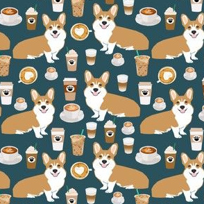 corgi coffee fabric - cute corgis and coffees design - blue (smaller)