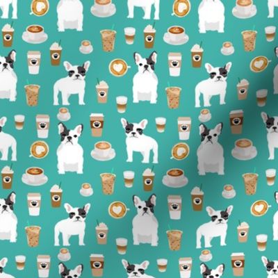 frenchie coffee fabric - cute coffees and french bulldogs coffee fabric - turquoise (smaller)