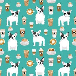 frenchie coffee fabric - cute coffees and french bulldogs coffee fabric - turquoise (smaller)