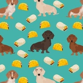 dachshund taco fabric - dogs and burritos design - turquoise