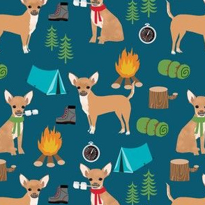 chihuahuas dog camping fabric - cute dogs and summer camping design - blue