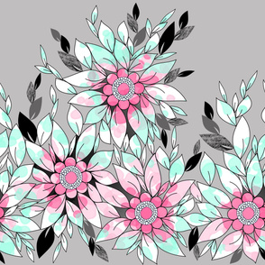 Large Flower Border in Pink, Mint and Gray for Summer 