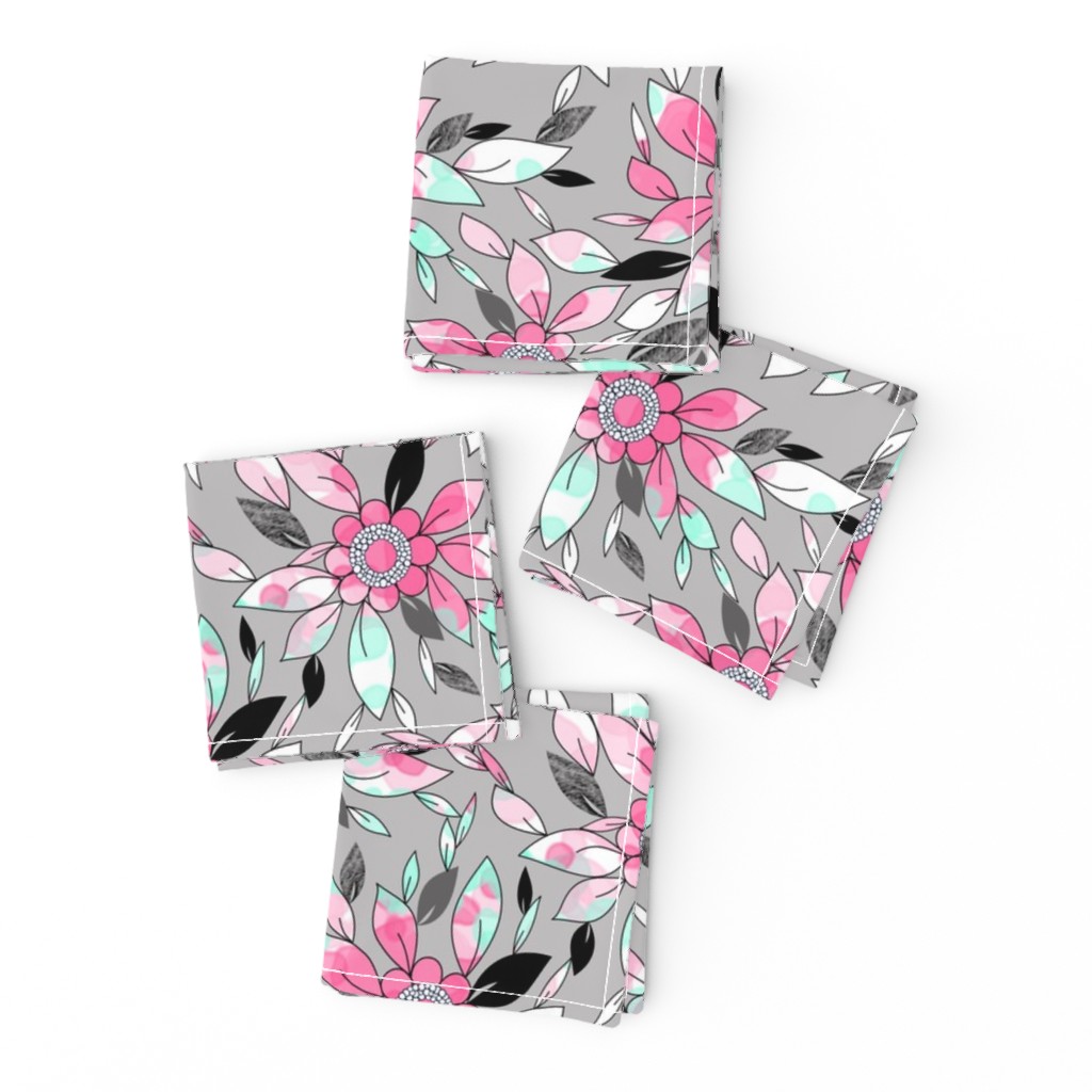 Watercolor and Ink Leaf Print in Pink , Mint, and Gray for Swimwear 