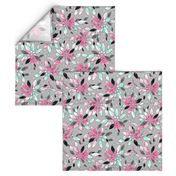 Watercolor and Ink Leaf Print in Pink , Mint, and Gray for Swimwear 